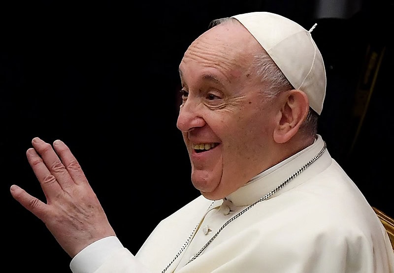 Pope Francis gestures as he meets with attendees during the weekly general general audience at Paul-VI Hall in the Vatican on January 26, 2021. (Photo by Filippo MONTEFORTE / AFP)