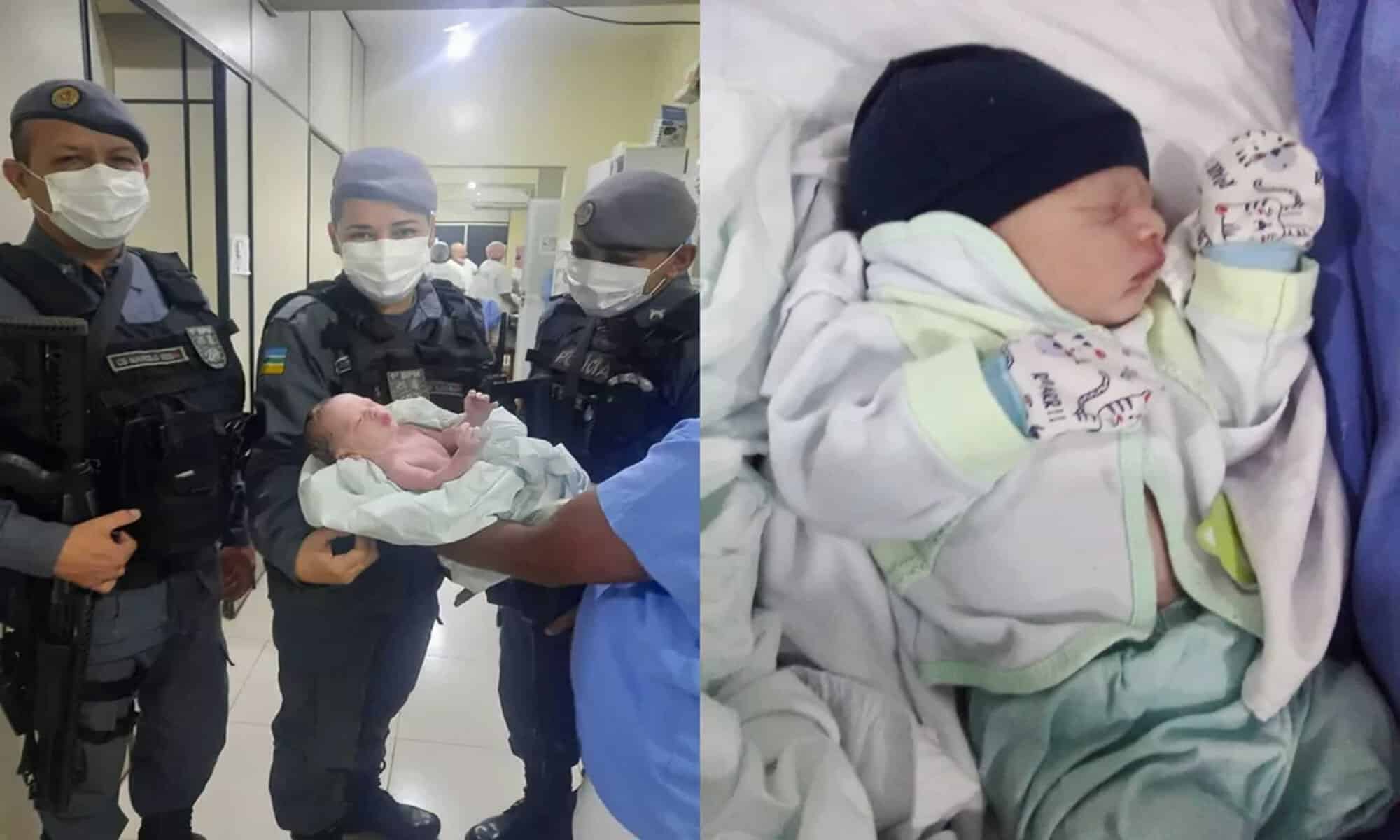 Policiais que ajudaram no parto e o pequeno Benilson — Foto: Polícia Militar/Divulgação