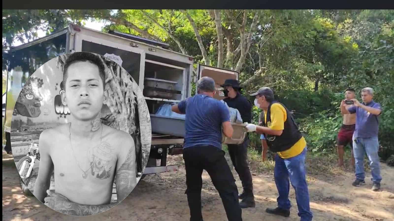 Cadáver do adolescente sendo removido pelo Instituto Médico Legal