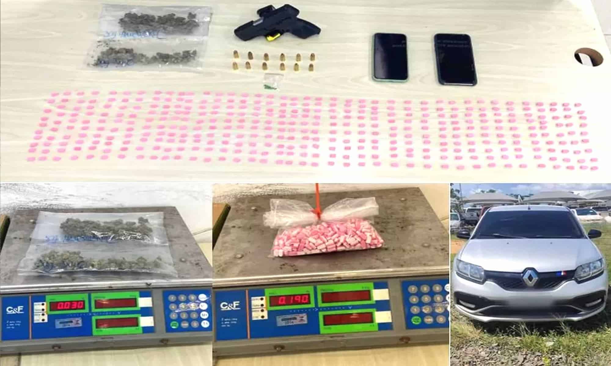 Drogas e arma de fogo apreendidas com o suspeito. — Foto: reprodução