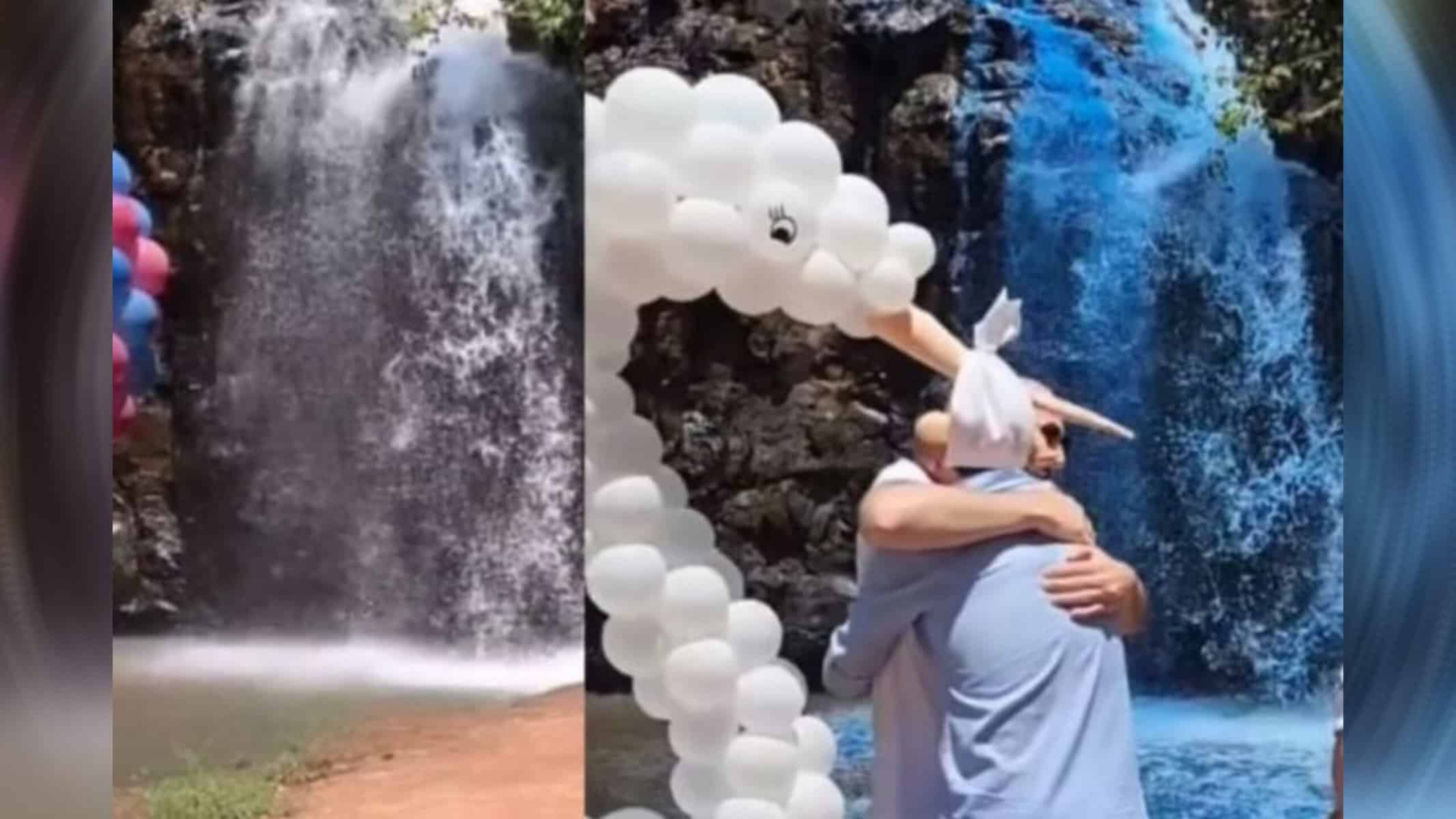 Picsart_22-09-26_17-26-26-575 Vídeo: Casal pinta cachoeira de azul para chá de revelação e é criticado — Foto: Reprodução