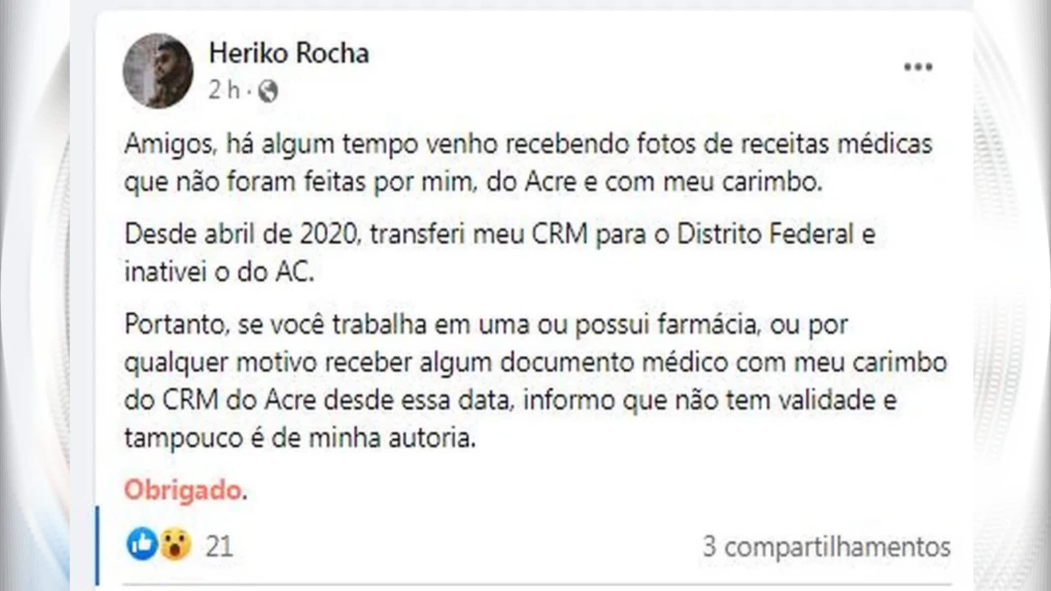 Picsart_22-09-28_19-53-45-020 Médico Heriko Rocha denunciou uso de seus dados em receita em uma rede social — Foto: Reprodução