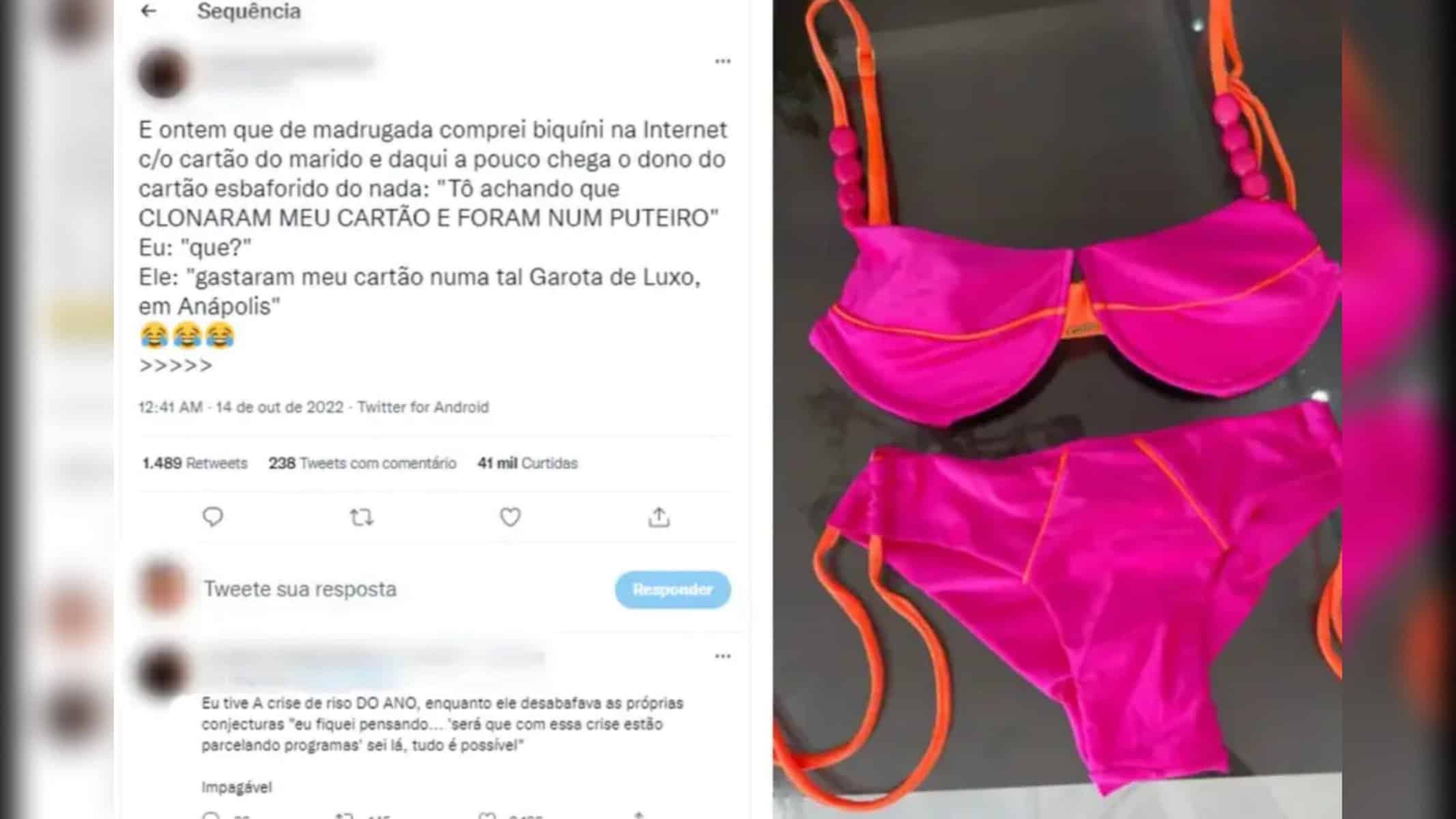 Post que viralizou após homem do RJ achar que cartão tinha sido clonado após compra de biquíni feita em loja de Anápolis, Goiás — Foto: Montagem/g1 e Reprodução/redes sociais