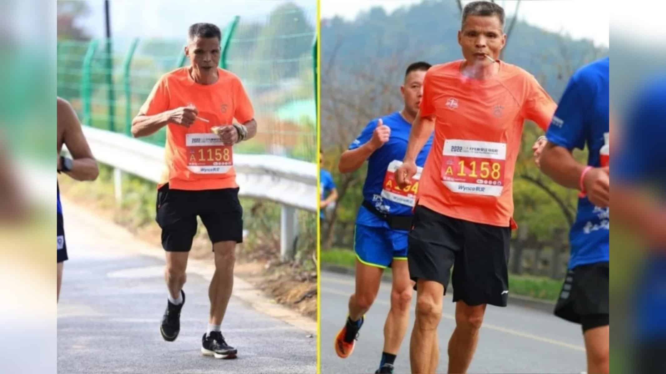 O corredor fumante da China é conhecido como Tio Chen (Fotos: Weibo/Jingying pao zhe/Reprodução)