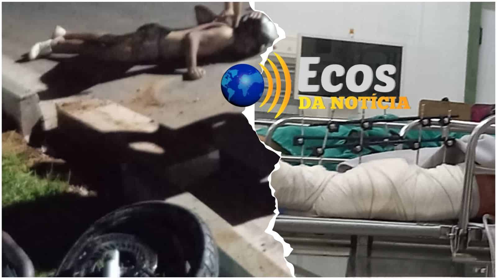 Motocicleta colide em rotatória e deixa 2 homens feridos na Via Chico Mendes