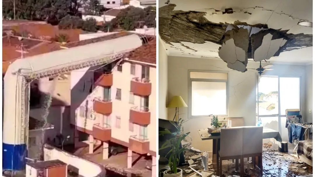 Caixa d’água de 24 metros de altura cai e destrói apartamento no interior de SP