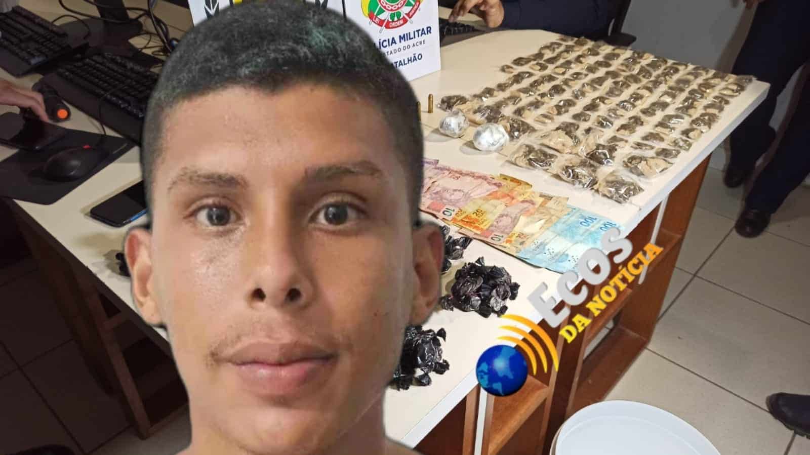 Droga no balde: Traficante é preso com drogas, arma e dinheiro na Baixada da Habitasa, na capital