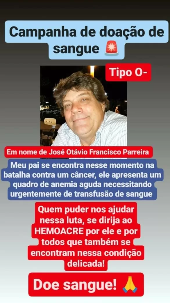 Família pede doação de sangue a ex-secretário em tratamento de câncer