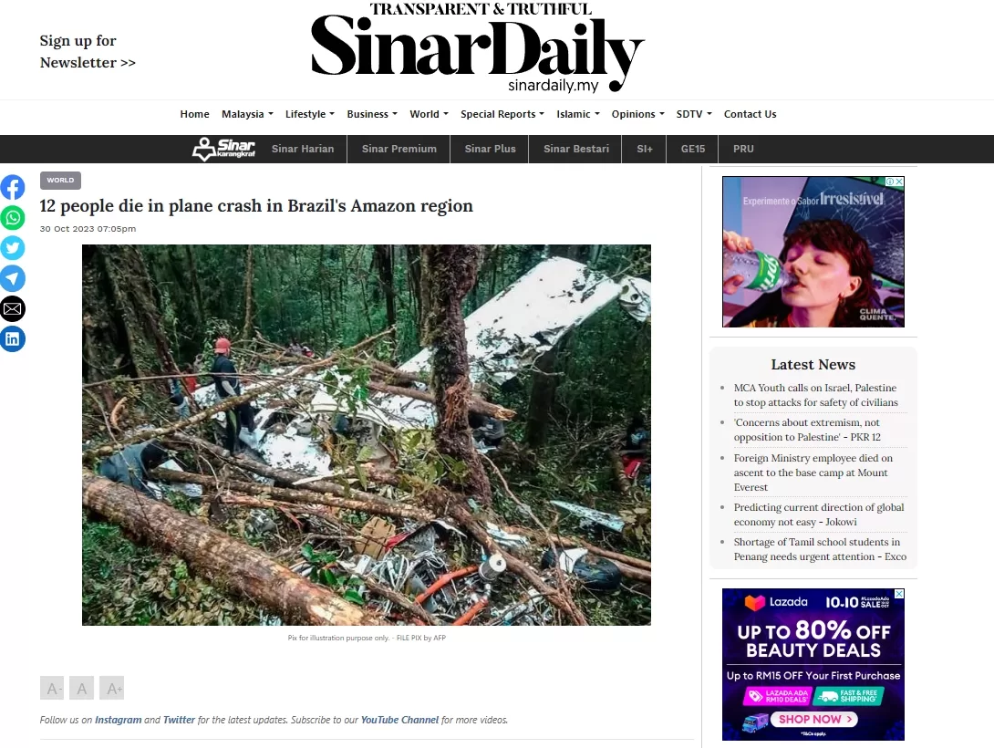 Malásia, EUA, Peru, Índia e outros países repercutem queda de avião no Acre