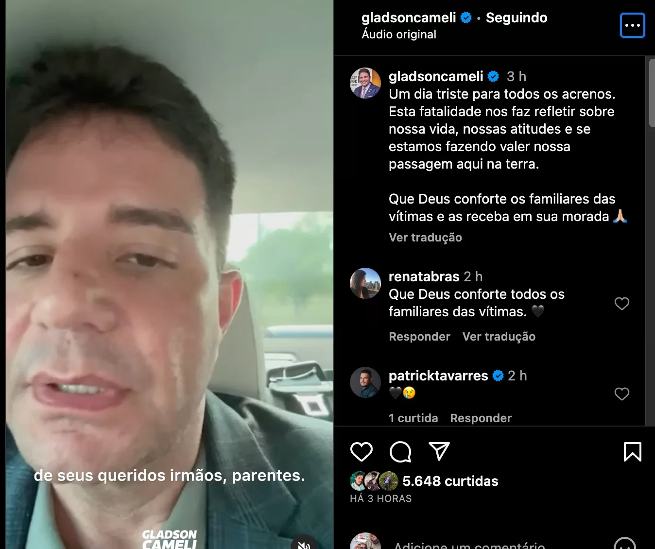 “Um dia triste para todos os acreanos”, diz Gladson sobre tragédia com avião