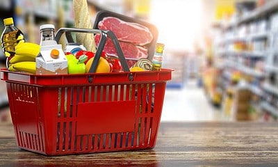 Shopping basket with fresh food. Grocery supermarket, food and eats online buying and delivery concept. 3d illustration