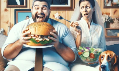 DALL·E 2024-02-28 21.36.55 – Imagine a humorous scene where a married couple is sitting on a couch. The man, significantly chubbier than before marriage, is cheerfully munching on Imagem gerada por IA