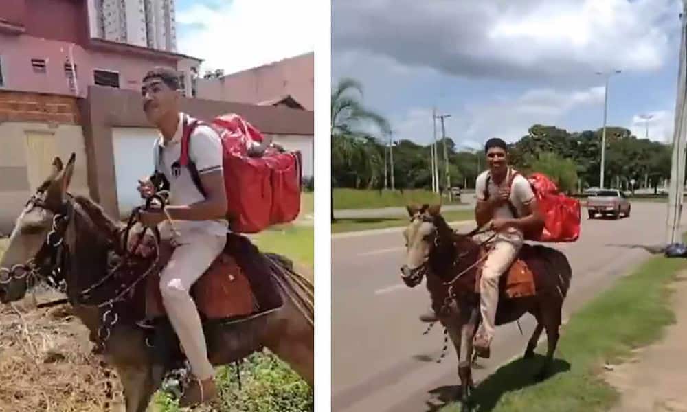 Após a repercussão dos vídeos nas redes sociais, o jovem foi muito criticado e suspendeu as atividades de entrega com o animal (Crédito: Reprodução/Redes Sociais)