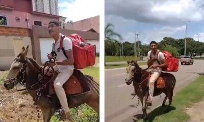 Após a repercussão dos vídeos nas redes sociais, o jovem foi muito criticado e suspendeu as atividades de entrega com o animal (Crédito: Reprodução/Redes Sociais)