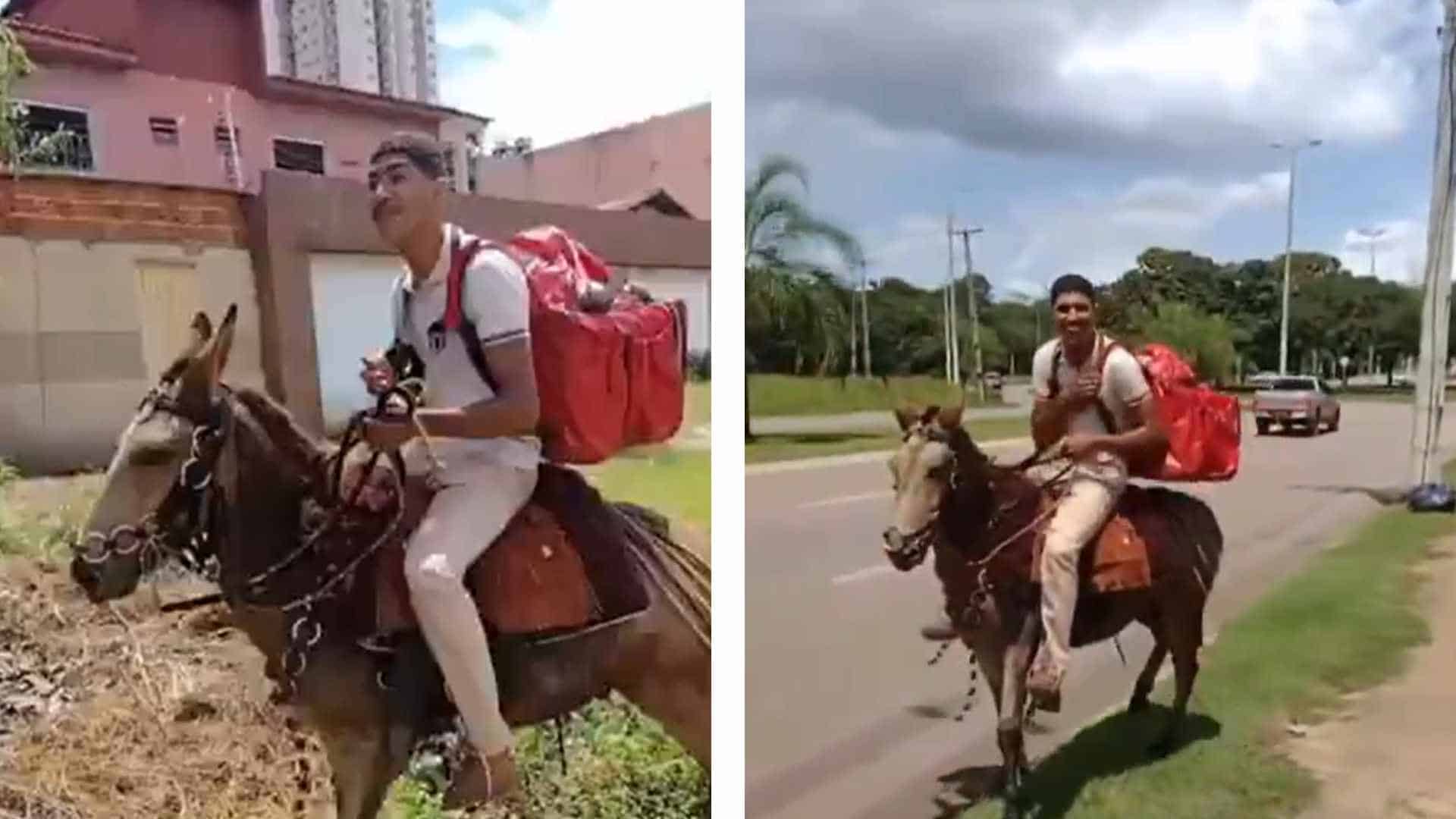 Entregador tem moto apreendida em blitz e passa a trabalhar montado em burro; veja vídeo