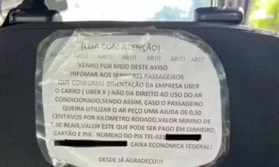 motorista-de-uber-impoe-taxa-para-uso-de-ar-condicionado-1702486334402_v2_900x506.jpg Imagem viralizou em dezembro passado com cobrança extra de motorista pelo uso da climatização no Rio de Janeiro; relatos semelhantes continuam em março de 2024
Imagem: Reprodução…