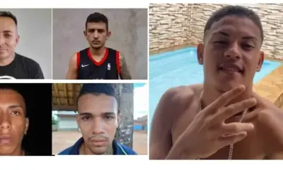 Foto: à esquerda, os 4 acusados. Thiago Tavares (vítima) à direita - O Alto Acre/reprodução