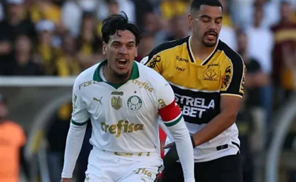 Gustavo Gómez, do Palmeiras, durante jogo contra o Criciúma, pelo Campeonato Brasileiro
Imagem: Cesar Greco/Palmeiras