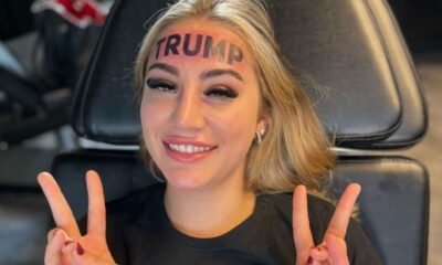 A influenciadora Rain Monroe, de 21 anos chocou muita gente com uma tatuagem na testa com o 'Trump' | Bnews - Divulgação
