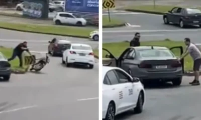 Uma discussão acalorada no trânsito resultou em danos a um carro BMW e uma moto Honda Biz na tarde desta quarta-feira (25), no bairro Fortaleza, em Blumenau • Reprodução