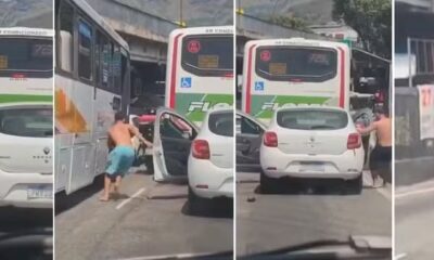 Briga de trânsito acaba em acidente com carro sem motorista em Madureira, na Zona Norte do Rio — Foto: Reprodução/ TV Globo