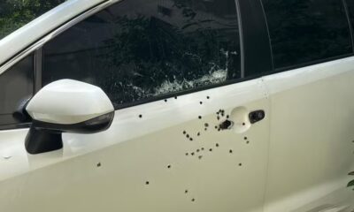 Criminosos atiraram pelo menos 37 vezes em carro blindado de empresário morto em Del Castilho — Foto: Henrique Coelho/g1