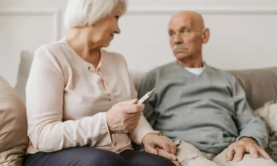 Mulher e homem idosos seguram termômetro (Vlada Karpovich/Pexels)