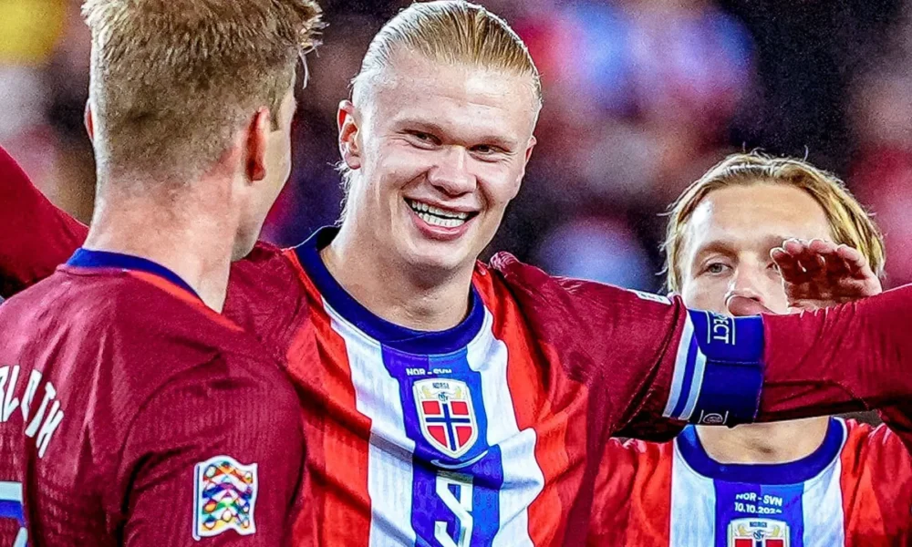 Haaland-e1728593662886 Haaland se torna o maior goleador na história da seleção da Noruega • Divulgação/X/Premier League