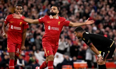 Liverpool-Bologna-Champions-e1727902145473 Salah comemora gol na vitória do Liverpool sobre o Bologna • Andrew Powell/Liverpool FC via Getty Images