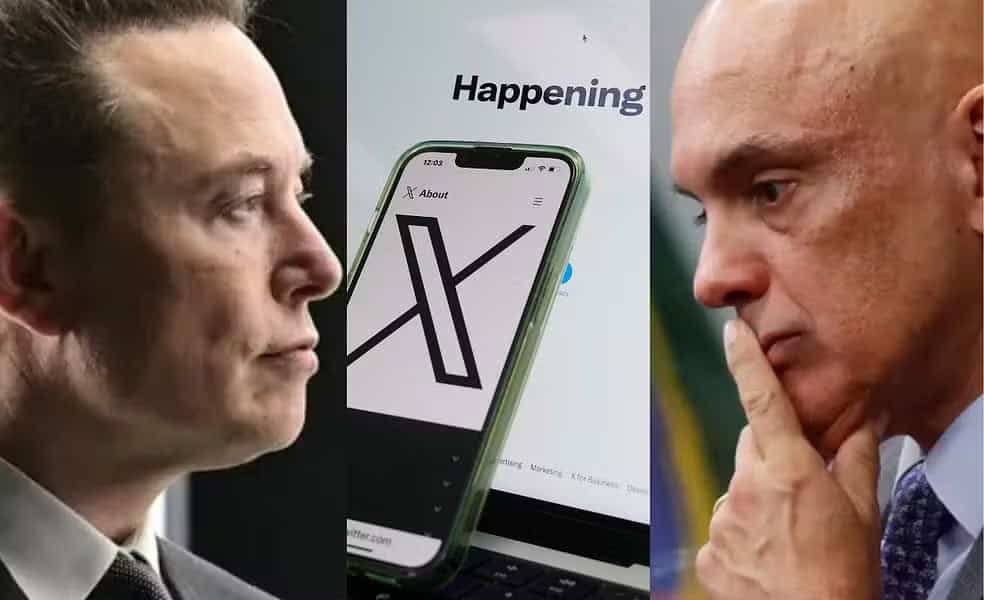 WhatsApp Image 2024-10-04 at 17.34.35 Plataforma X do bilionário Elon Musk (à esquerda) continua suspensa por determinação do ministro do STF Alexandre de Moraes (à direita) — Foto: Reuters, AP Photo Rick/Rycroft, Reuters