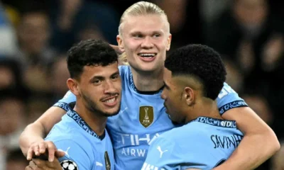 Haaland comemora um de seus gols com a camisa do City na Champions • Divulgação/Manchester City