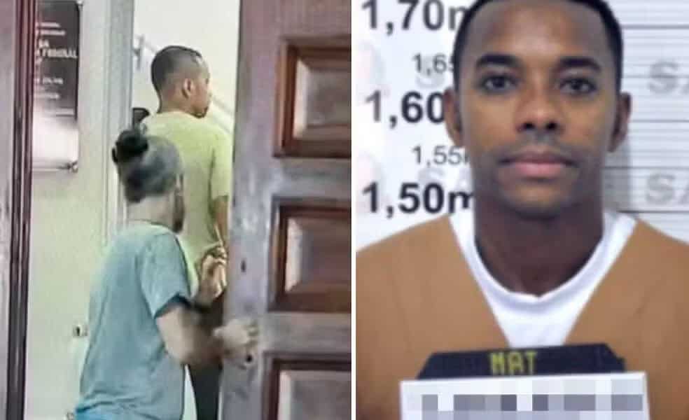 Robinho (à esq) quando detido na PF em Santos (SP) e na fotografia de registro na Penitenciária em Tremembé (SP) — Foto: Fábio Pires/TV Tribuna e Reprodução