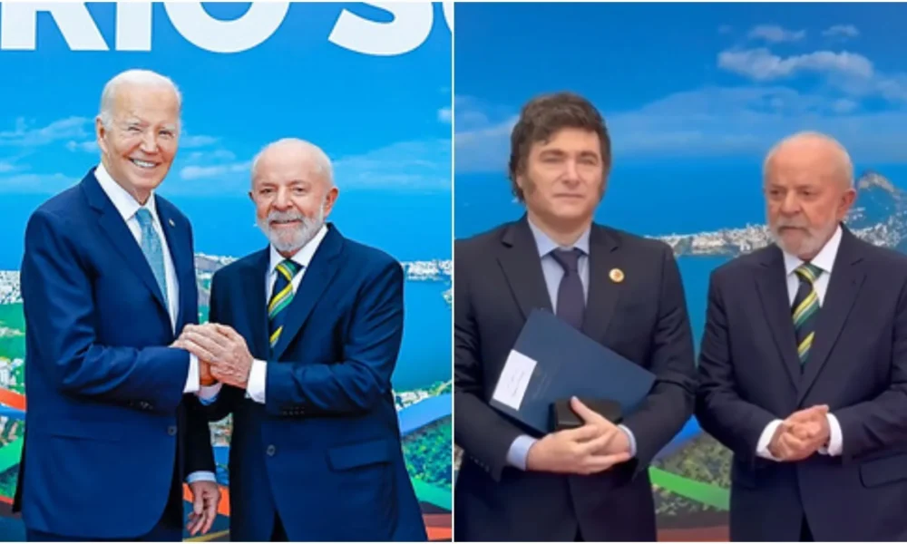 lula-biden-milei Presidente Luiz Inácio Lula da Silva (PT) recebe os presidentes Joe Biden (esq.), dos Estados Unidos, e Javier Milei (dir.), da Argentina, antes da Cúpula do G20 • Ricardo Stuckert/Reprodução X Lula