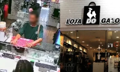 Um homem, vestindo uma camisa do Palmeiras, roubou diversas camisas do Atlético em uma loja oficial do clube, na tarde dessa terça-feira (5), no Shopping Paragem, em Belo Horizonte • Imagens cedidas à Itatiaia