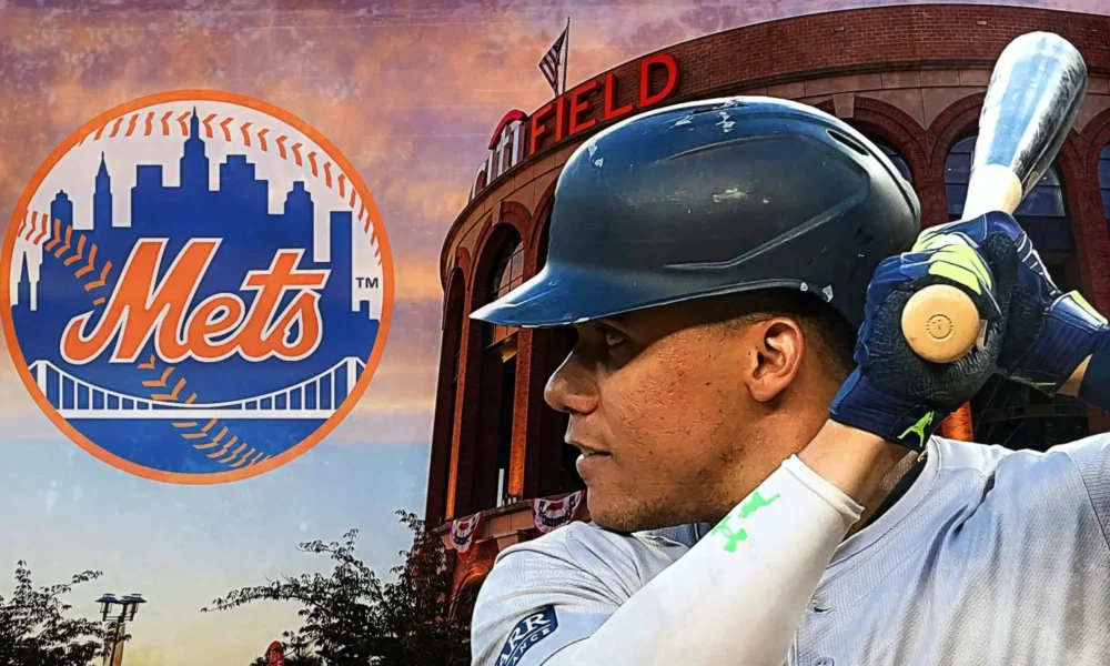 Juan_Soto Ilustração mostra o rebatedor Juan Soto e o logotipo do NY Mets (Foto: Reprodução de ilustração/MLB)