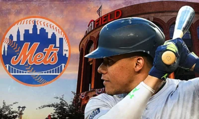 Ilustração mostra o rebatedor Juan Soto e o logotipo do NY Mets (Foto: Reprodução de ilustração/MLB)