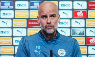 Guardiola em coletiva do Manchester City • Foto: Divulgação/ @ManCity