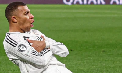 Mbappé comemora gol contra a Atalanta na Champions League • Divulgação / Real Madrid