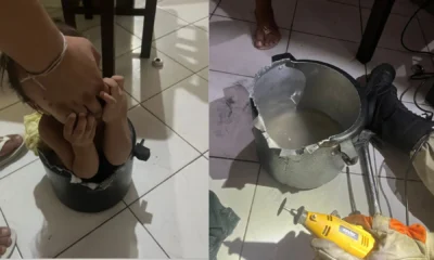 Bebe-preso-em-panela-de-pressao Bebê fica entalado em panela de pressão • Divulgação/Corpo de Bombeiros