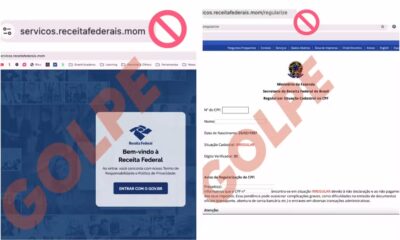 es fraudulentos que simulam portais governamentais, mas apresentam o domínio ".mom" em vez de ".gov.br". — Foto: Receita Federal/ Divulgação