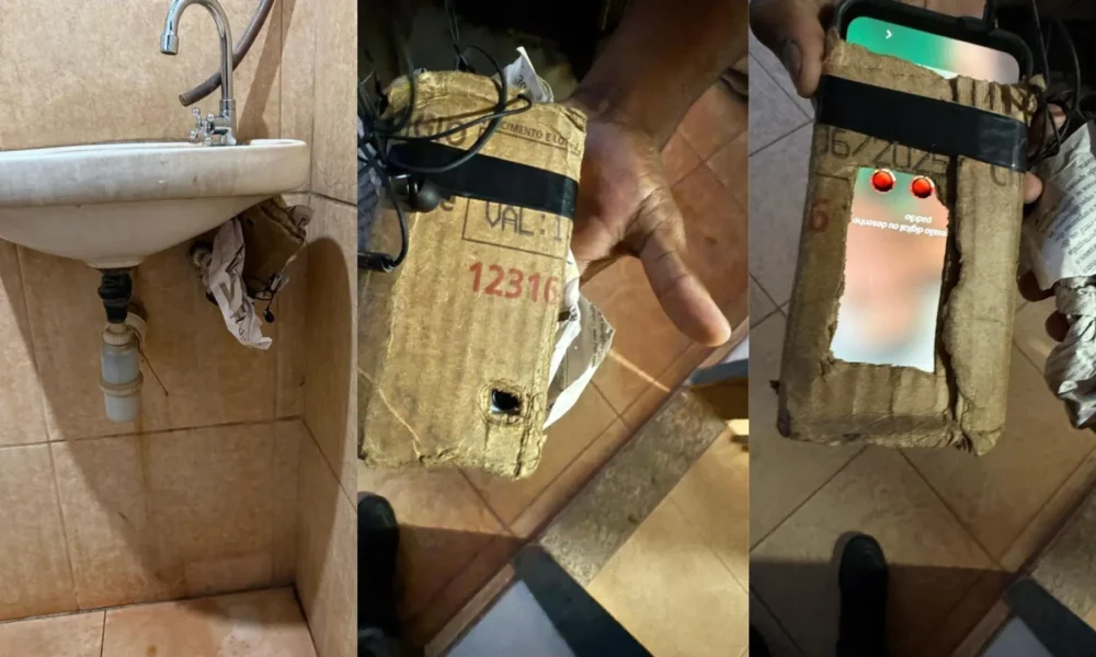 Imagens do aparelho encontrado dentro do banheiro • Polícia Militar de Goiás