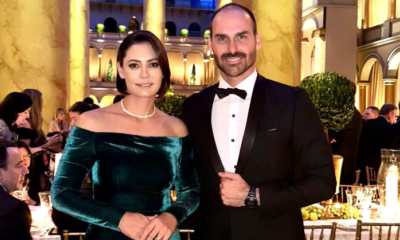 Deputado federal Eduardo Bolsonaro (PL-SP) e ex-premeira-dama Michelle Bolsonaro • Reprodução/X/BolsonaroSP