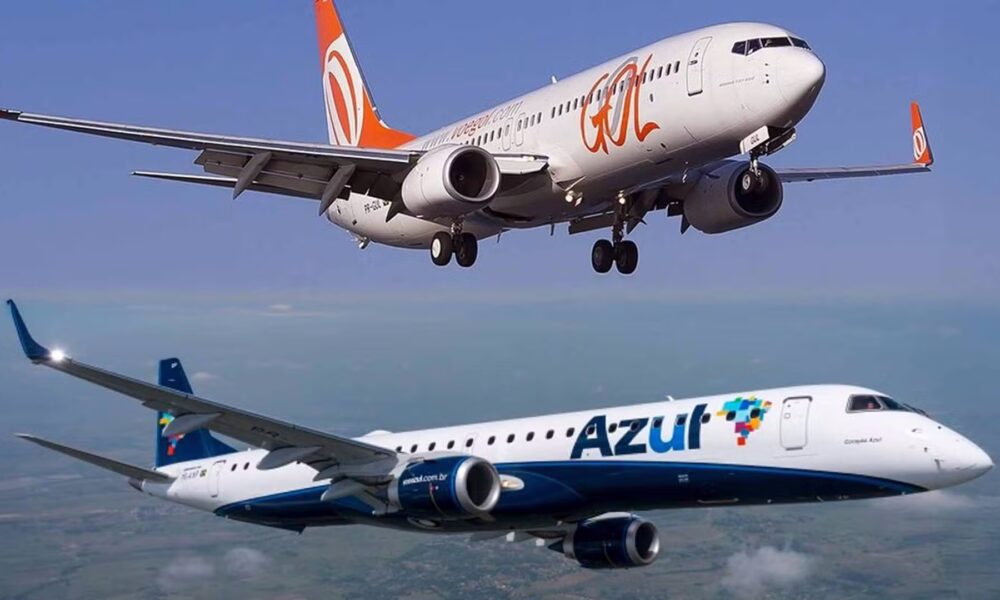 Aviões da Gol e da Azul. — Foto: Igor Santorsula/PlaneSpotters | Divulgação/Embraer