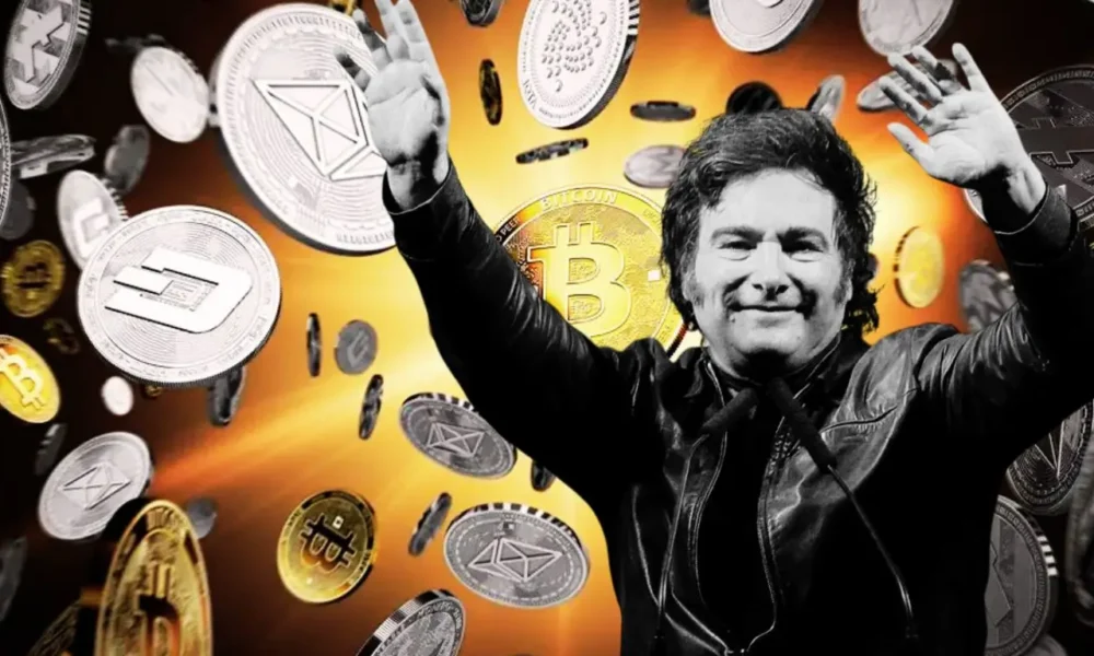 (Foto: Montagem InfoMoney/Foto de Milei: REUTERS/Matias Baglietto/ Criptos: Shutterstock)