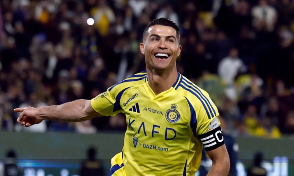 Soccer Football - Saudi Pro League - Al Nassr v Al Okhdood - Al Awwal Park, Riyadh, Saudi Arabia - January 9, 2025 Al Nassr's Cristiano Ronaldo celebrates scoring their second goal REUTERS/Hamad I Mohammed