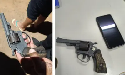 Revólver calibre .32 foi encontrado no telhado de uma residência próxima, durante diligências da Polícia Civil. Imagens: cedida.