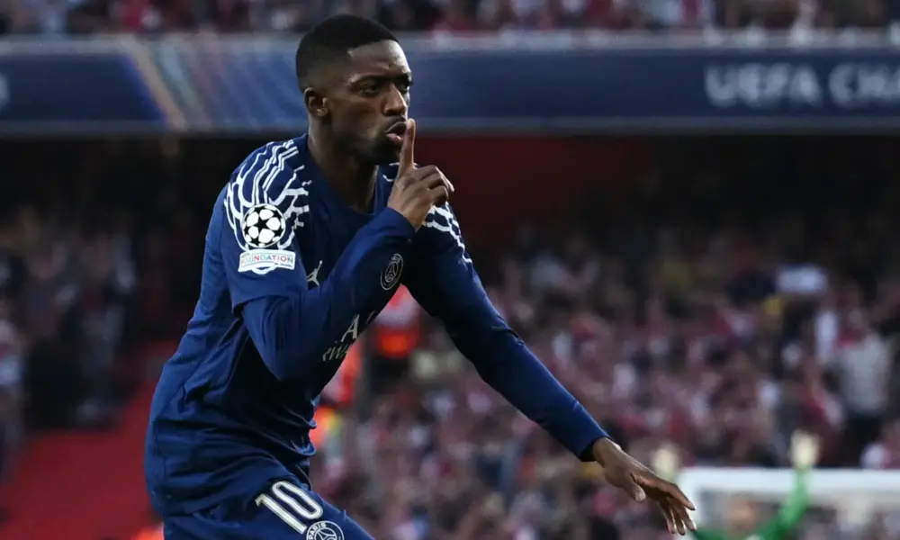 2025-04-29T190857Z_817659779_UP1EL4T1H6WDP_RTRMADP_3_SOCCER-CHAMPIONS-ARS-PSG-REPORT Ousmane Dembélé, do Paris Saint-Germain, comemora após marcar o primeiro gol. REUTERS/Dylan Martinez