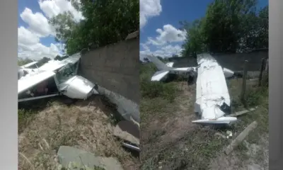Avião de pequeno porte que caiu em abril de 2024 em Campina Grande (PB) • Reprodução/ Plantão News
