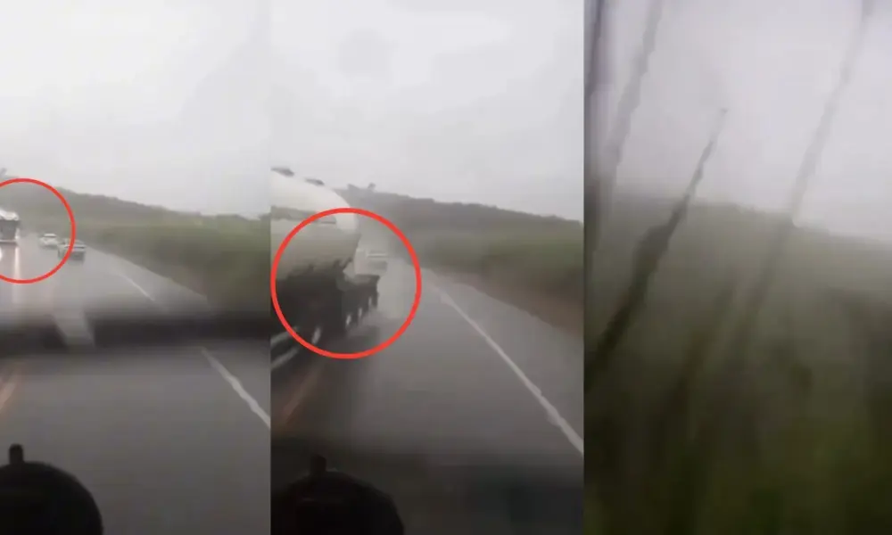 Uma câmera interna de caminhão flagrou o exato instante em que foi atingido por outro veículo na BR-262, em Luz, Minas Gerais, na quarta-feira (16) • Reprodução