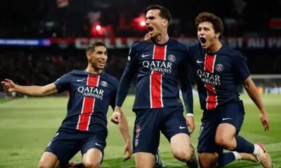 Jogadores do PSG comemoram gol na vitória contra o Arsenal 07/05/2025 REUTERS/Benoit Tessier